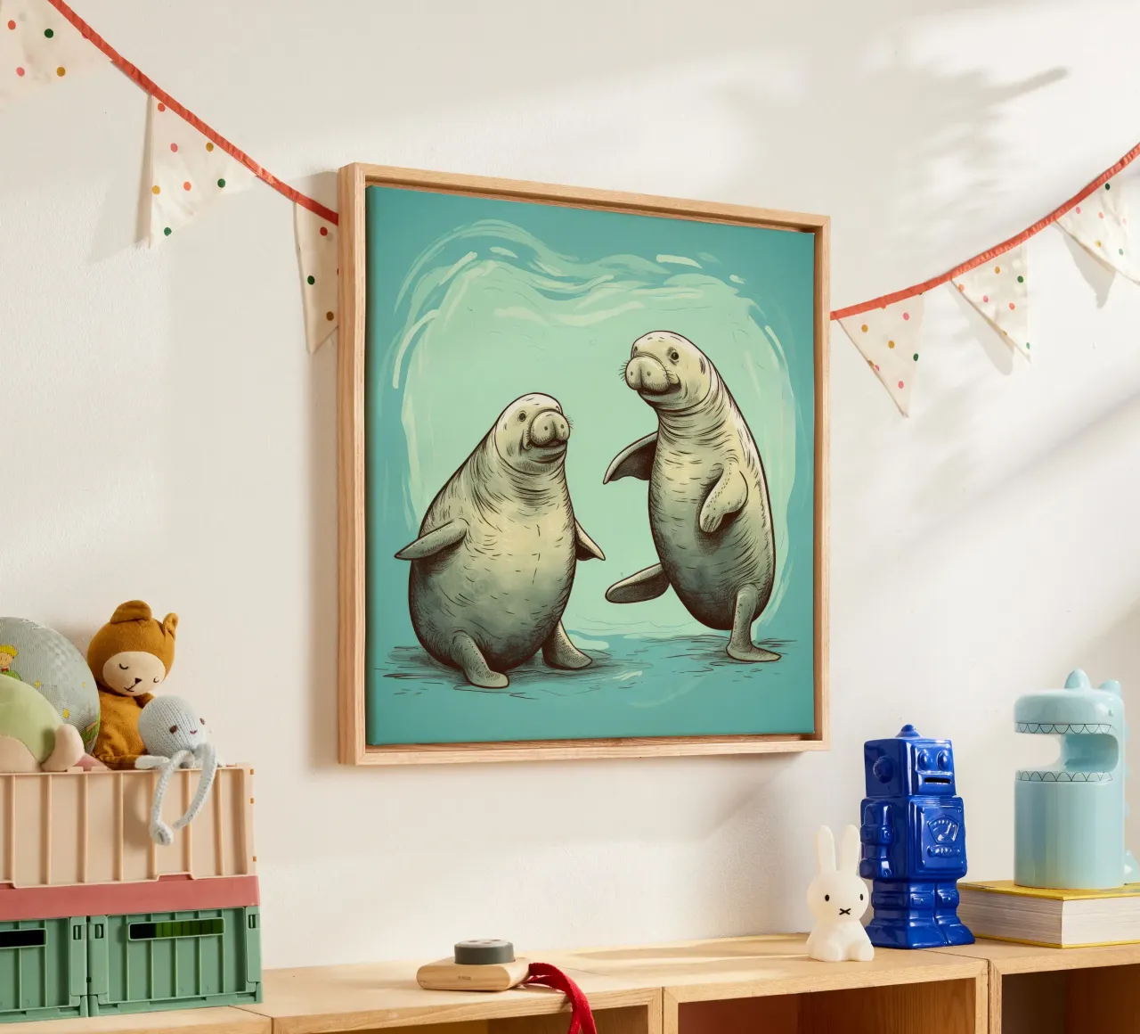 Retro Manatee Duo tela con Cornice a cassetta da Funny Animals