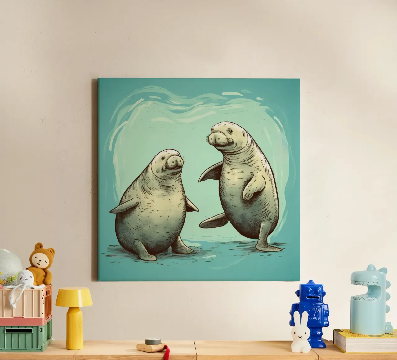 Retro Manatee Duo tela con Cornice a cassetta da Funny Animals