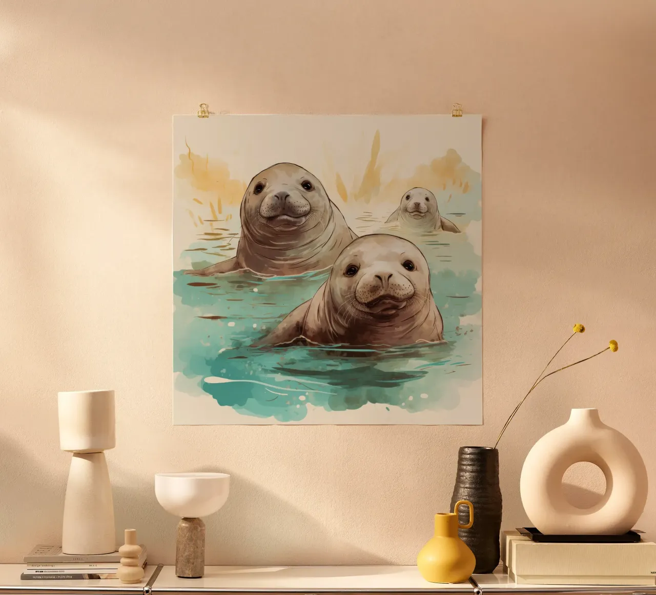 Gang di lamantini retrò poster con telaio in alluminio da Funny Animals