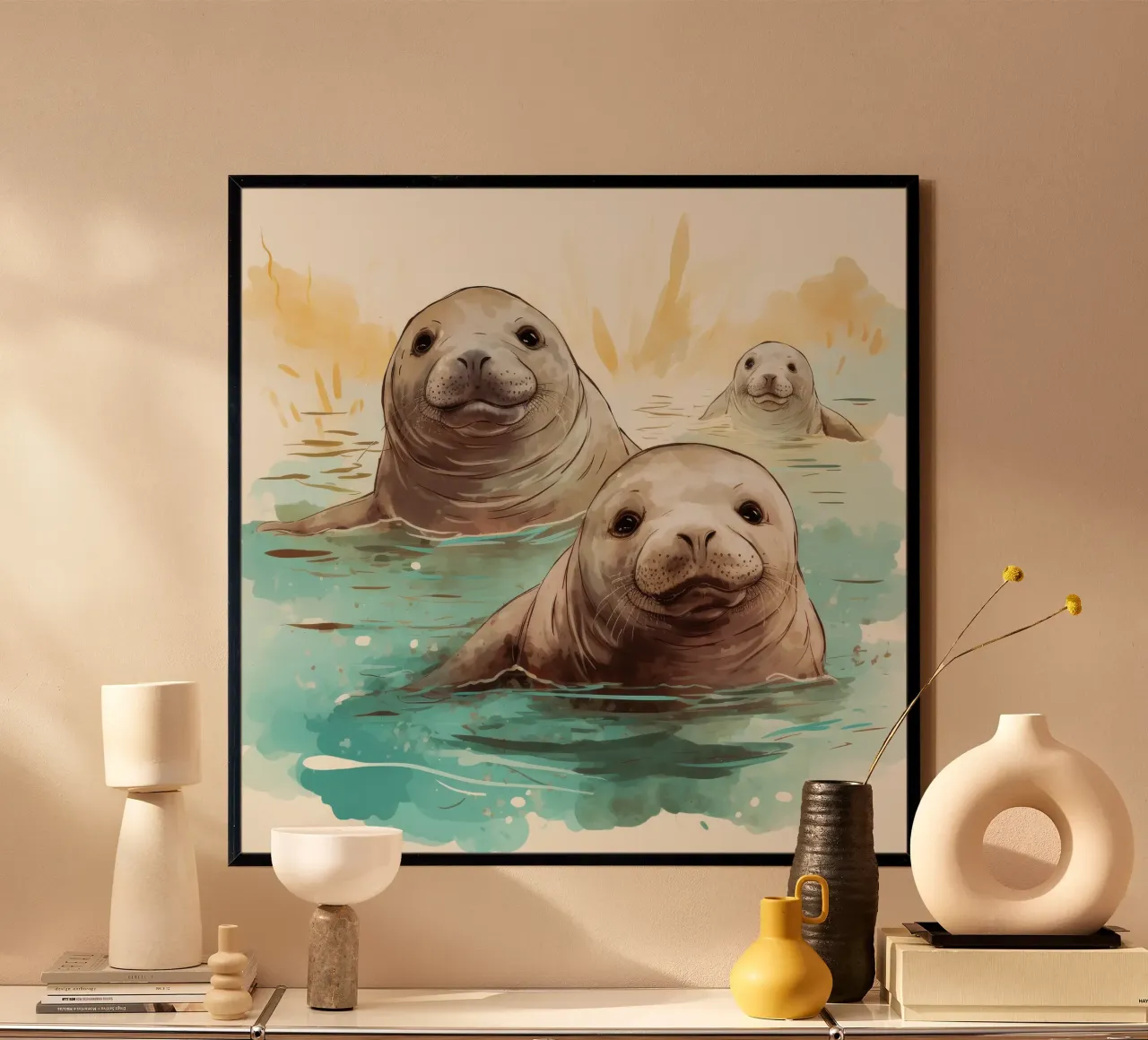 Gang di lamantini retrò poster con telaio in alluminio da Funny Animals