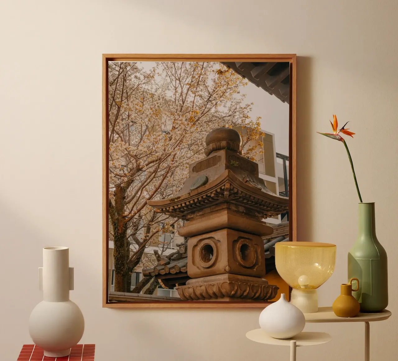 Japanese Cherry Blossom Temple Sunset canvas by Marcel Bisig