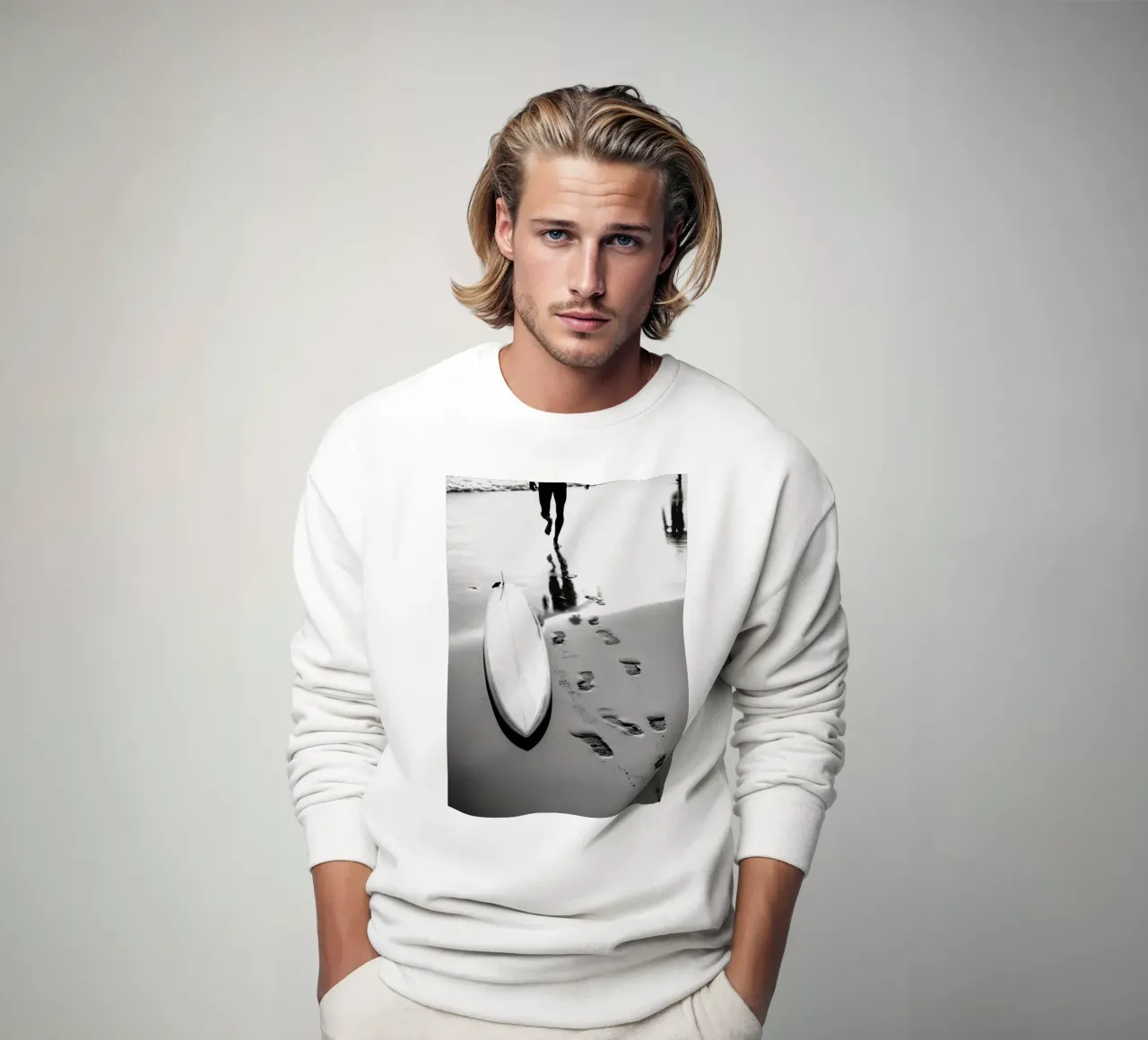 Surfboard & Footprints - Black and White Beach Poster sweatshirt by Vela Luna
