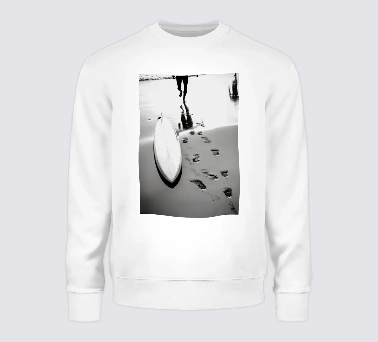 Surfboard & Footprints - Black and White Beach Poster sweatshirt by Vela Luna