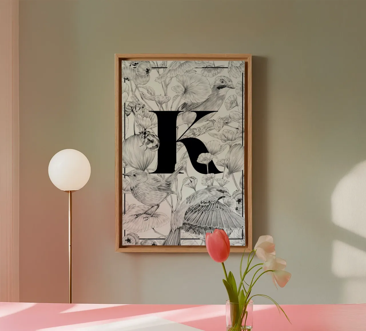 Floral Alphabet K canvas with Floater frame by Faunesque