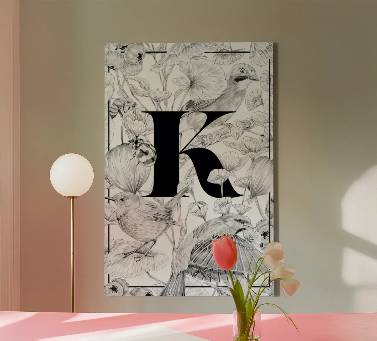 Floral Alphabet K canvas with Floater frame by Faunesque