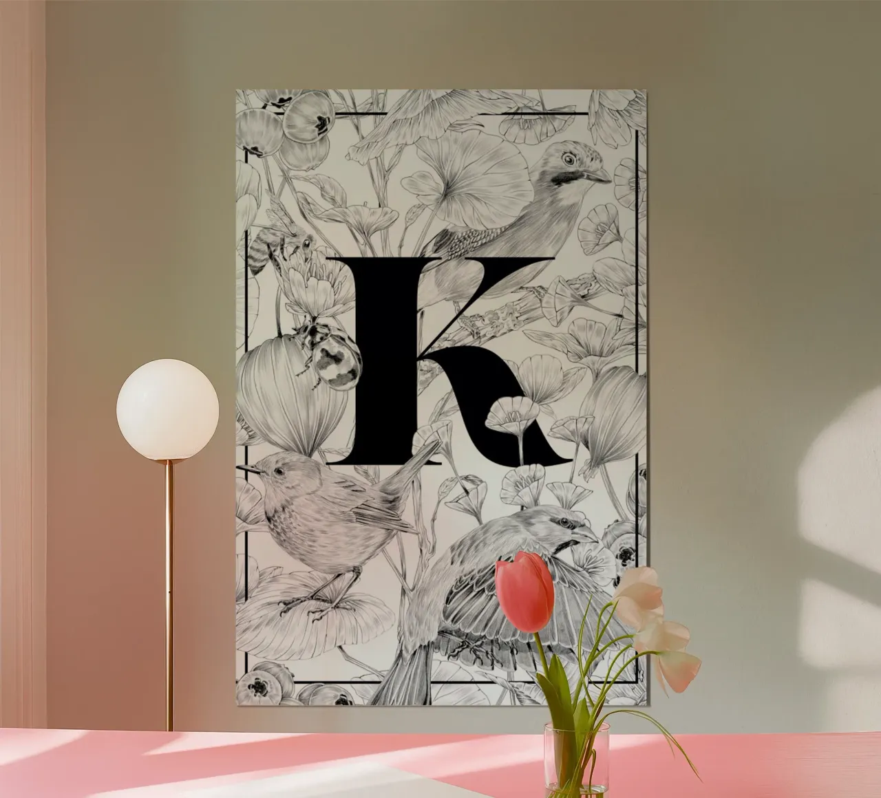Floral Alphabet K poster con telaio in legno da Faunesque