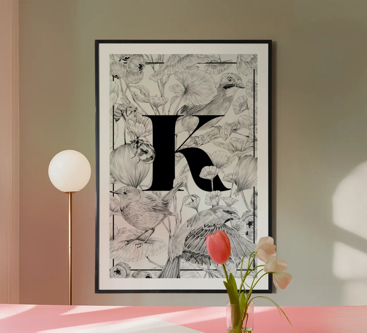 Floral Alphabet K poster con telaio in legno da Faunesque