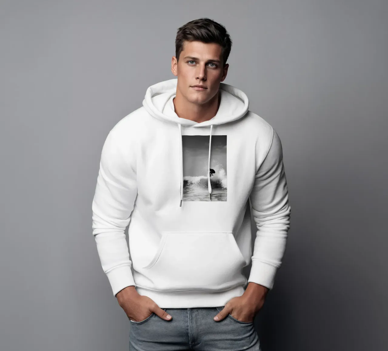 Surfer in Motion - Black and White Wave Action Poster felpa con cappuccio da Vela Luna