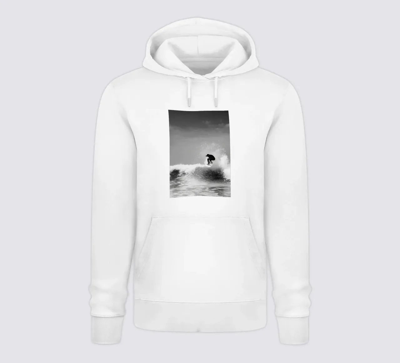 Surfer in Motion - Black and White Wave Action Poster felpa con cappuccio da Vela Luna