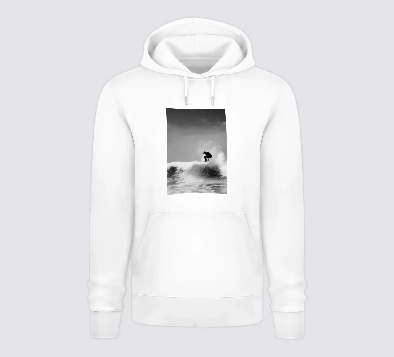 Surfer in Motion - Black and White Wave Action Poster felpa con cappuccio da Vela Luna