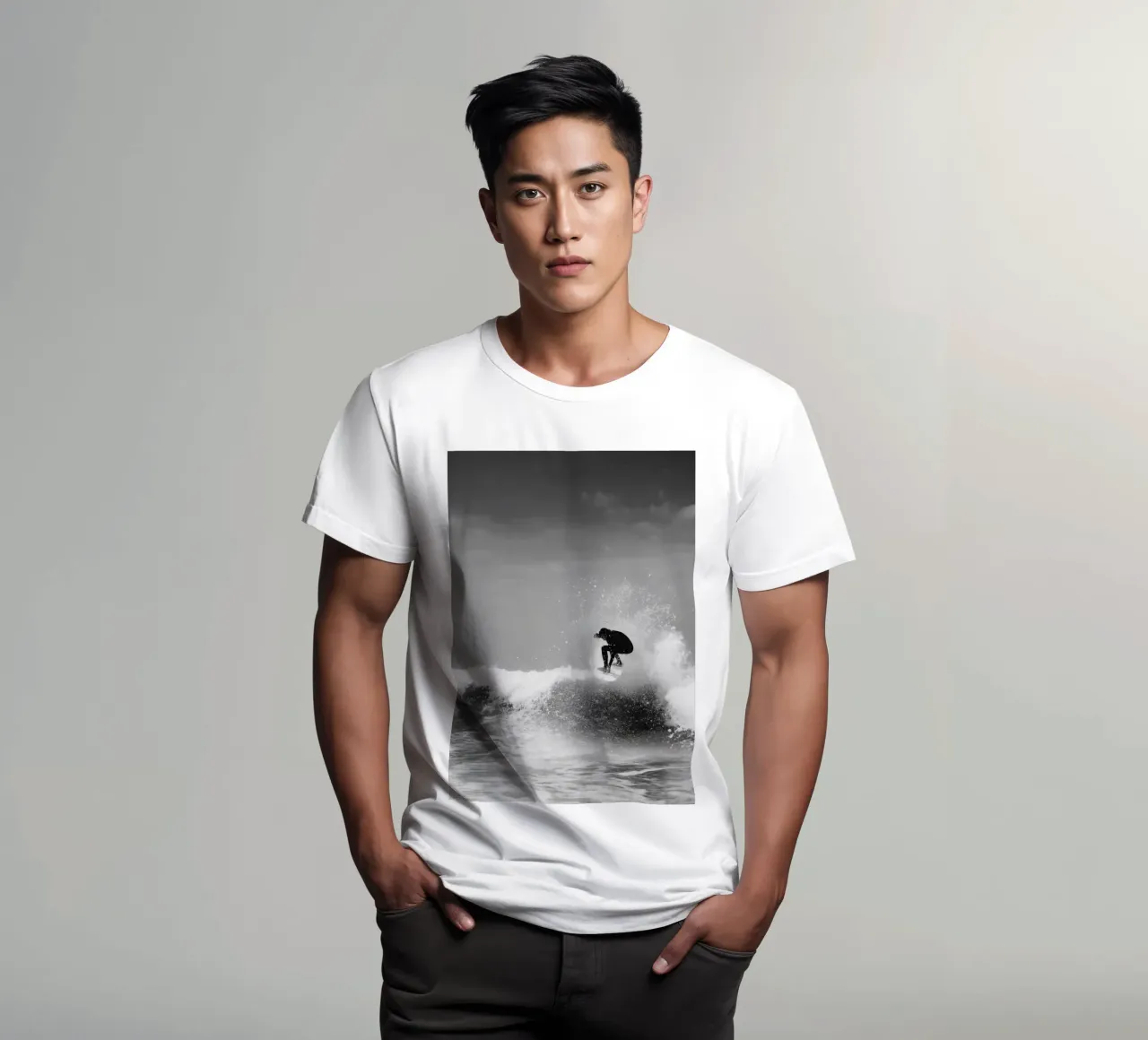 Surfer in Motion - Black and White Wave Action Poster t-shirt da Vela Luna