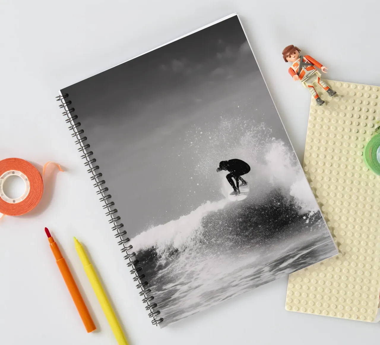 Surfer in Motion - Black and White Wave Action Poster spiral notebook by Vela Luna