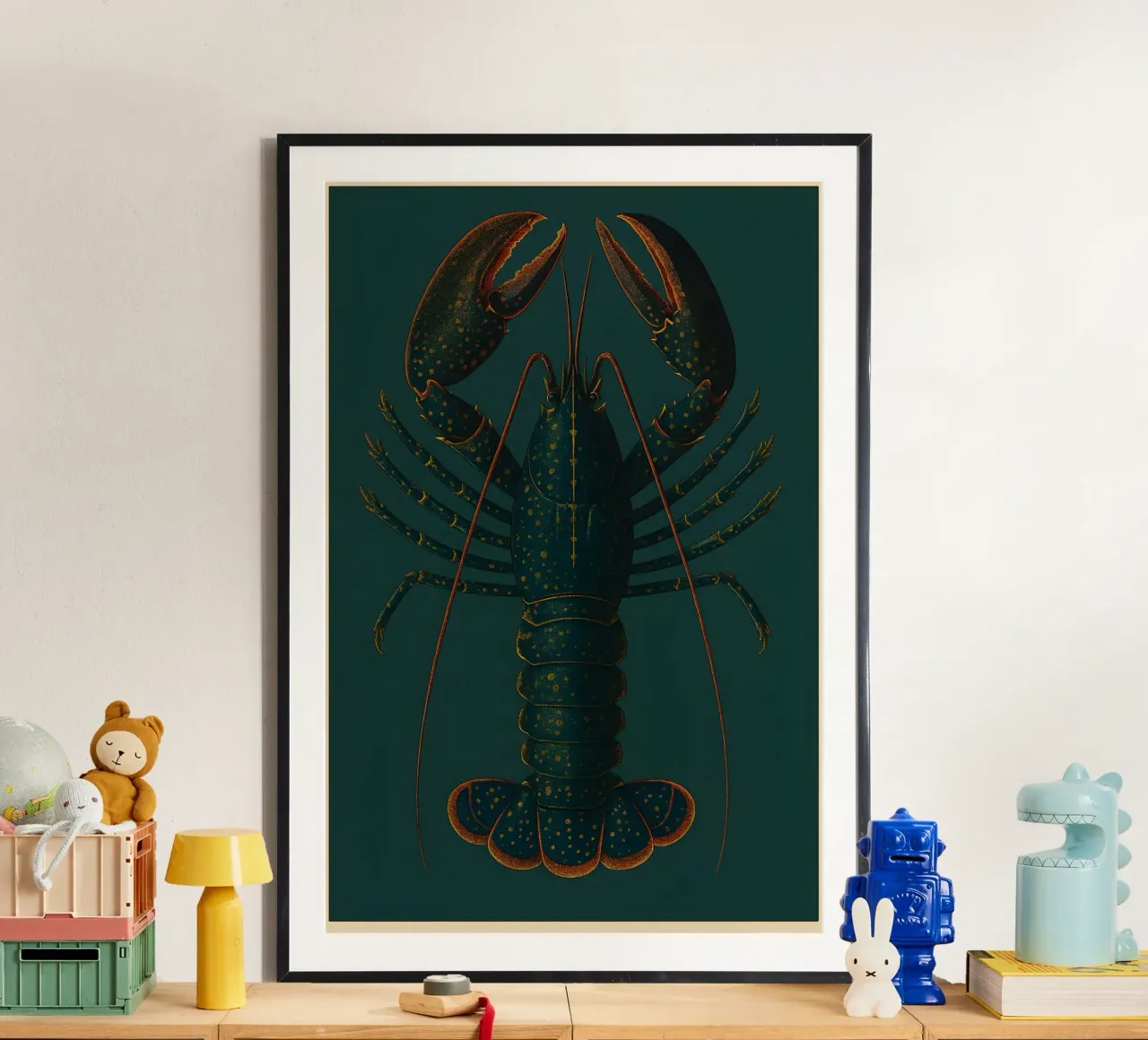 Blue Lobster – Vintage Deep Sea Poster poster con telaio in alluminio da Tide & Texture