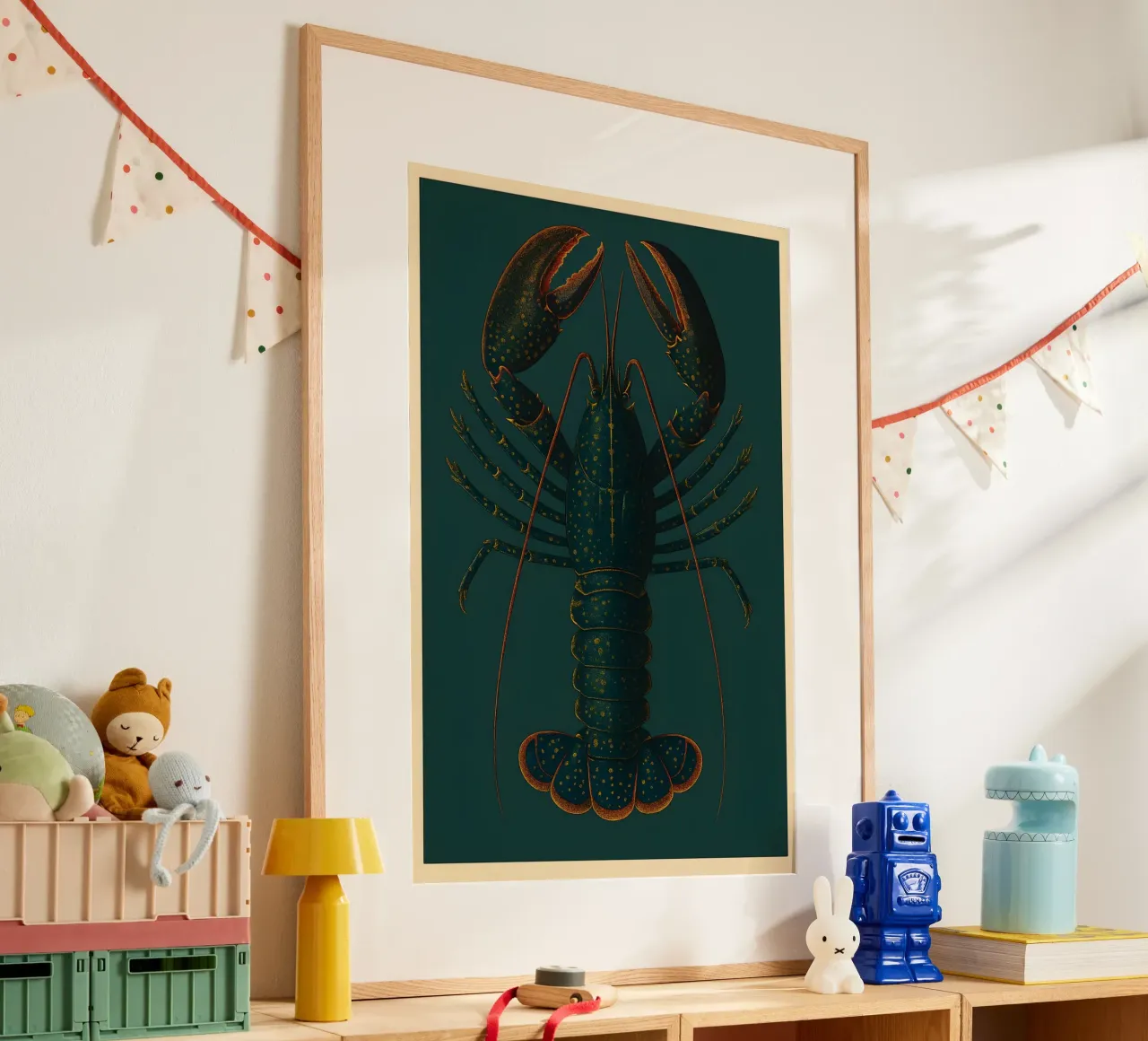 Blue Lobster – Vintage Deep Sea Poster poster con telaio in alluminio da Tide & Texture
