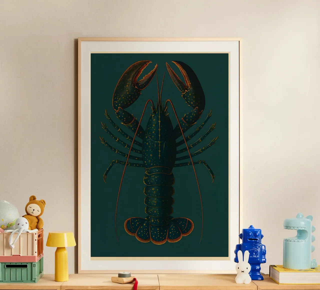 Blue Lobster – Vintage Deep Sea Poster poster con telaio in alluminio da Tide & Texture