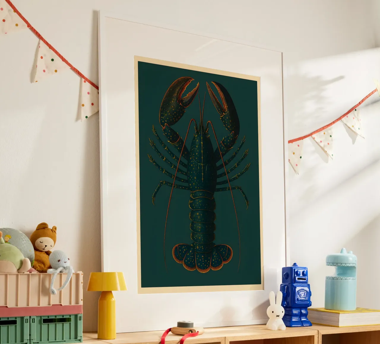 Blue Lobster – Vintage Deep Sea Poster poster con telaio in alluminio da Tide & Texture