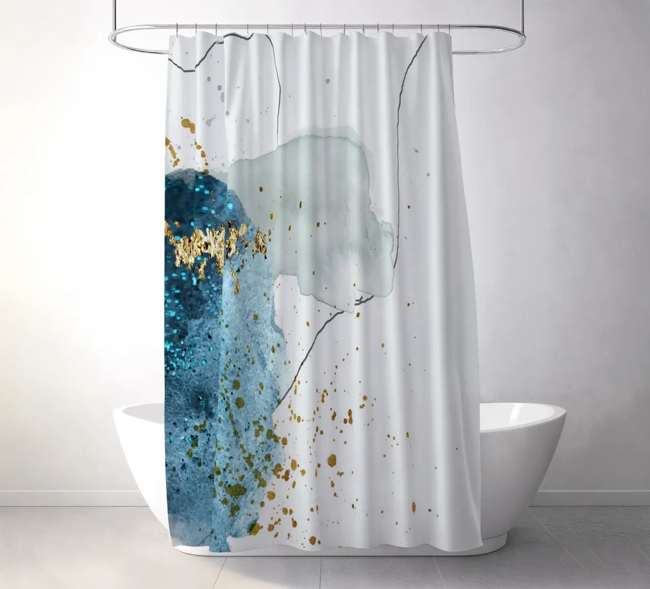 gold and blue abstract art shower curtain by vintageshop