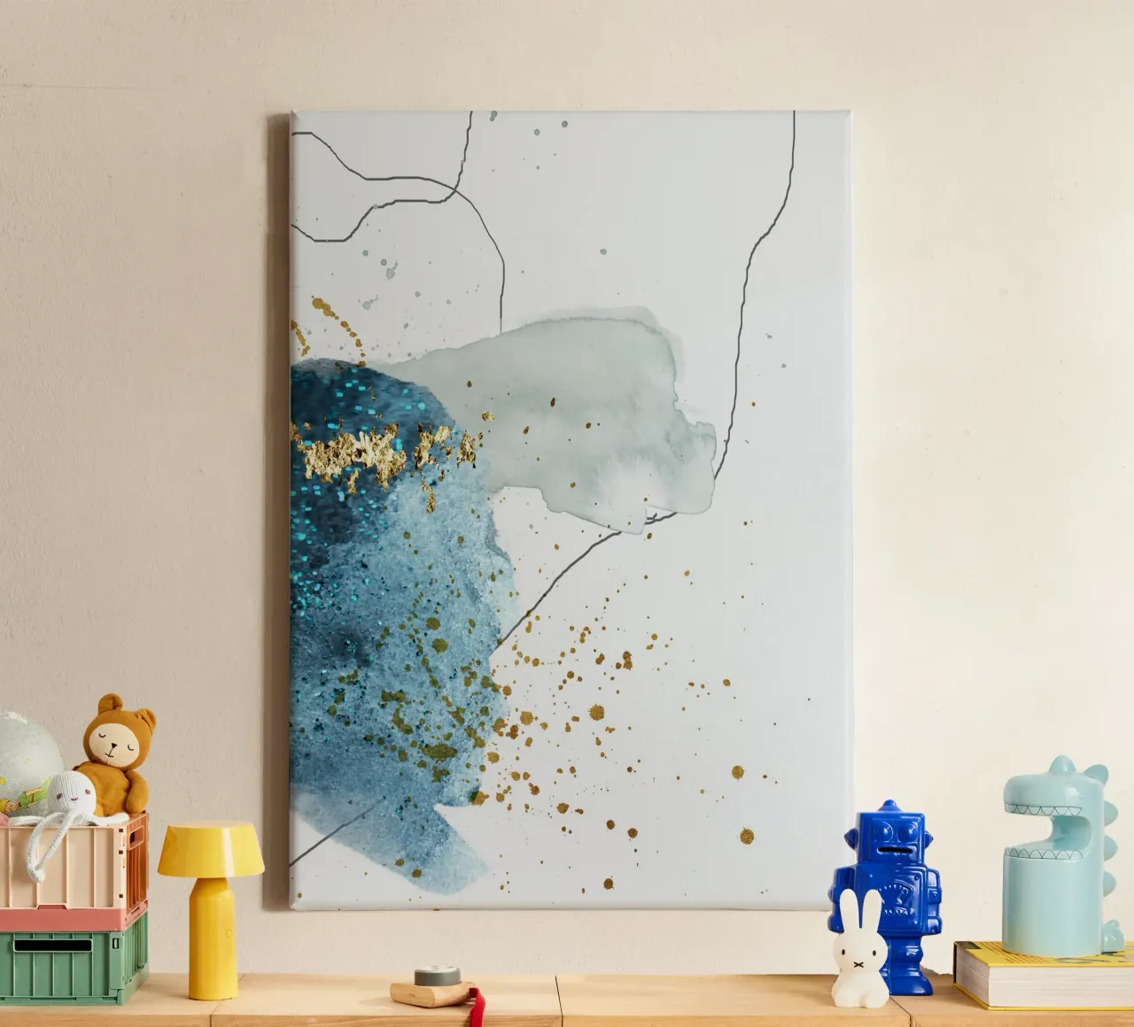 gold and blue abstract art tela da vintageshop