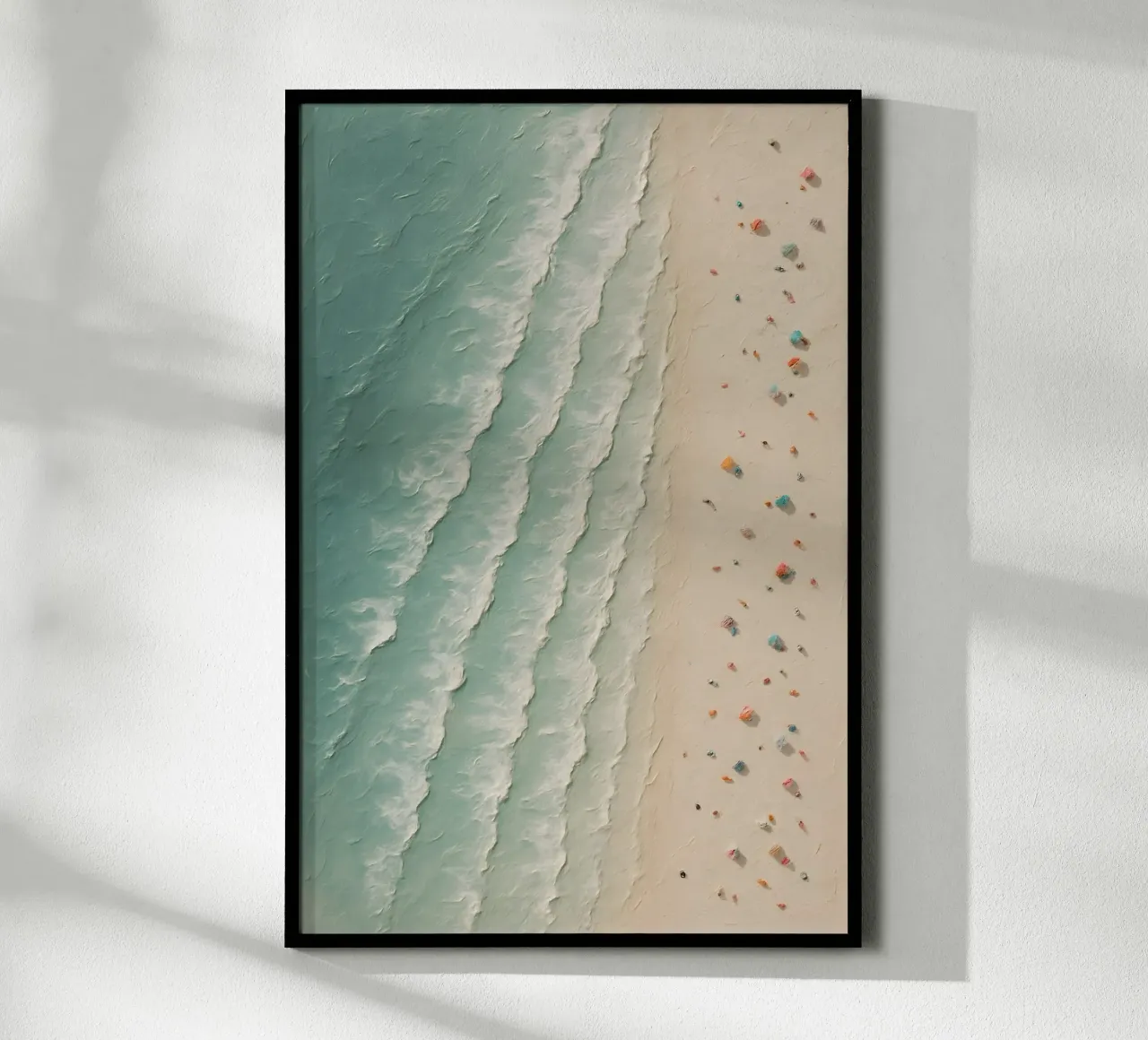 Vibrant Umbrella Mosaic on Shore poster met houten frame van Tide & Texture