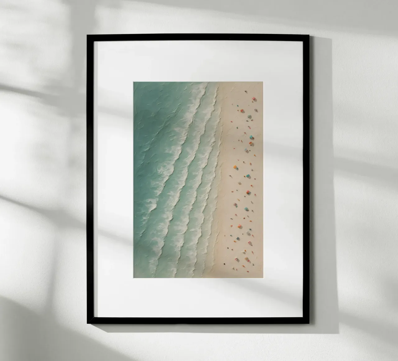 Vibrant Umbrella Mosaic on Shore poster met houten frame van Tide & Texture