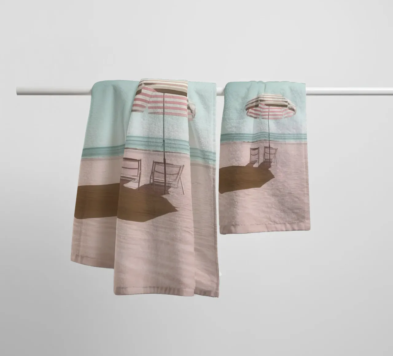 Pastel Beach Scene - Umbrella & Chairs Photo Poster towel by Vela Luna