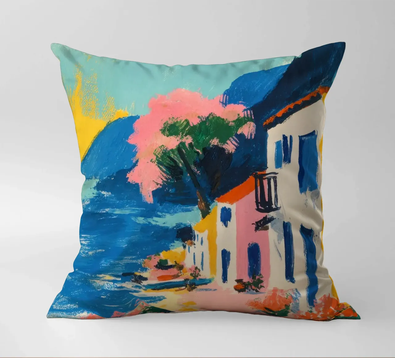 Villaggio costiero colorato in stile retrò cuscino da ArtByNiki