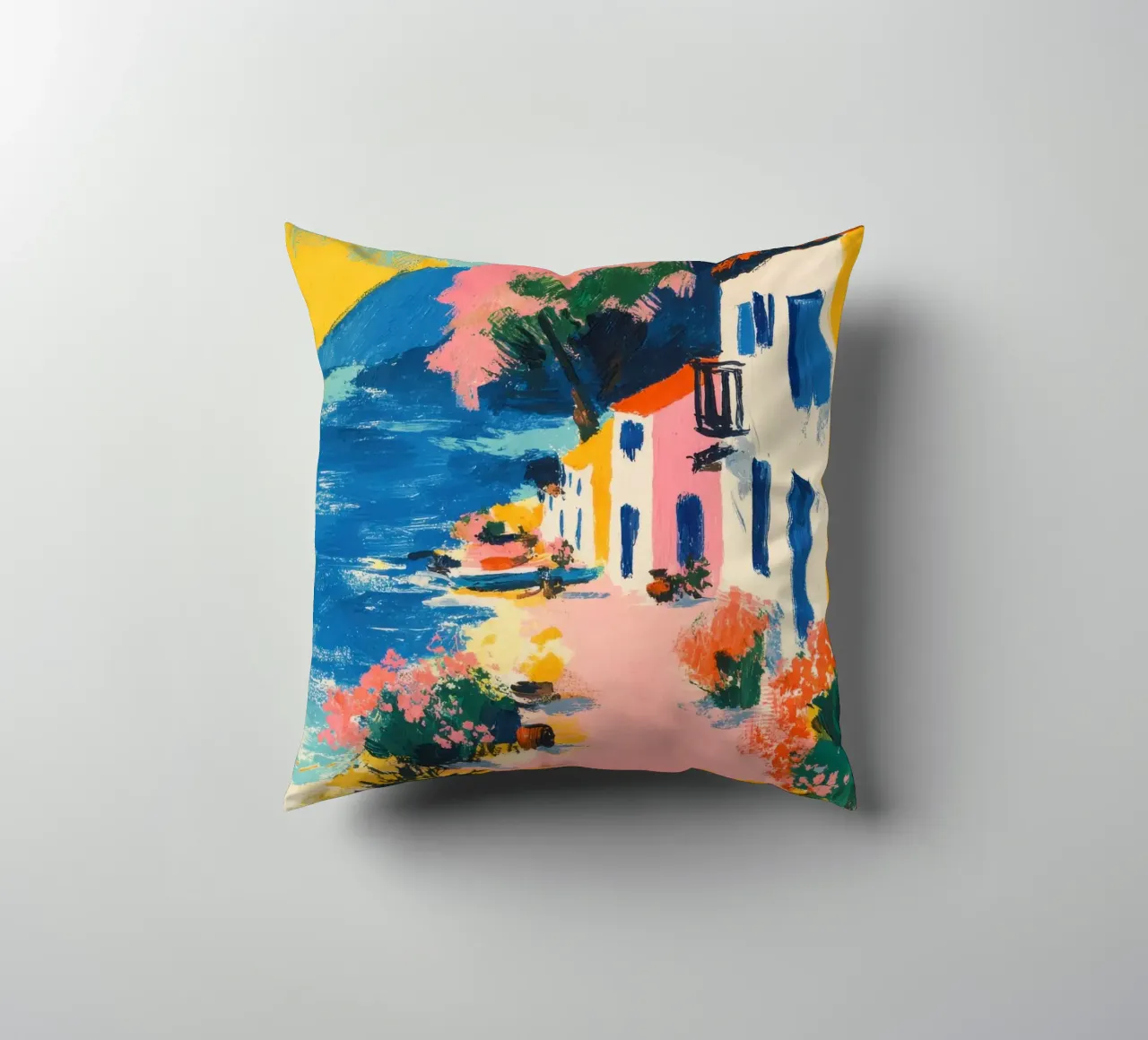 Villaggio costiero colorato in stile retrò cuscino da ArtByNiki