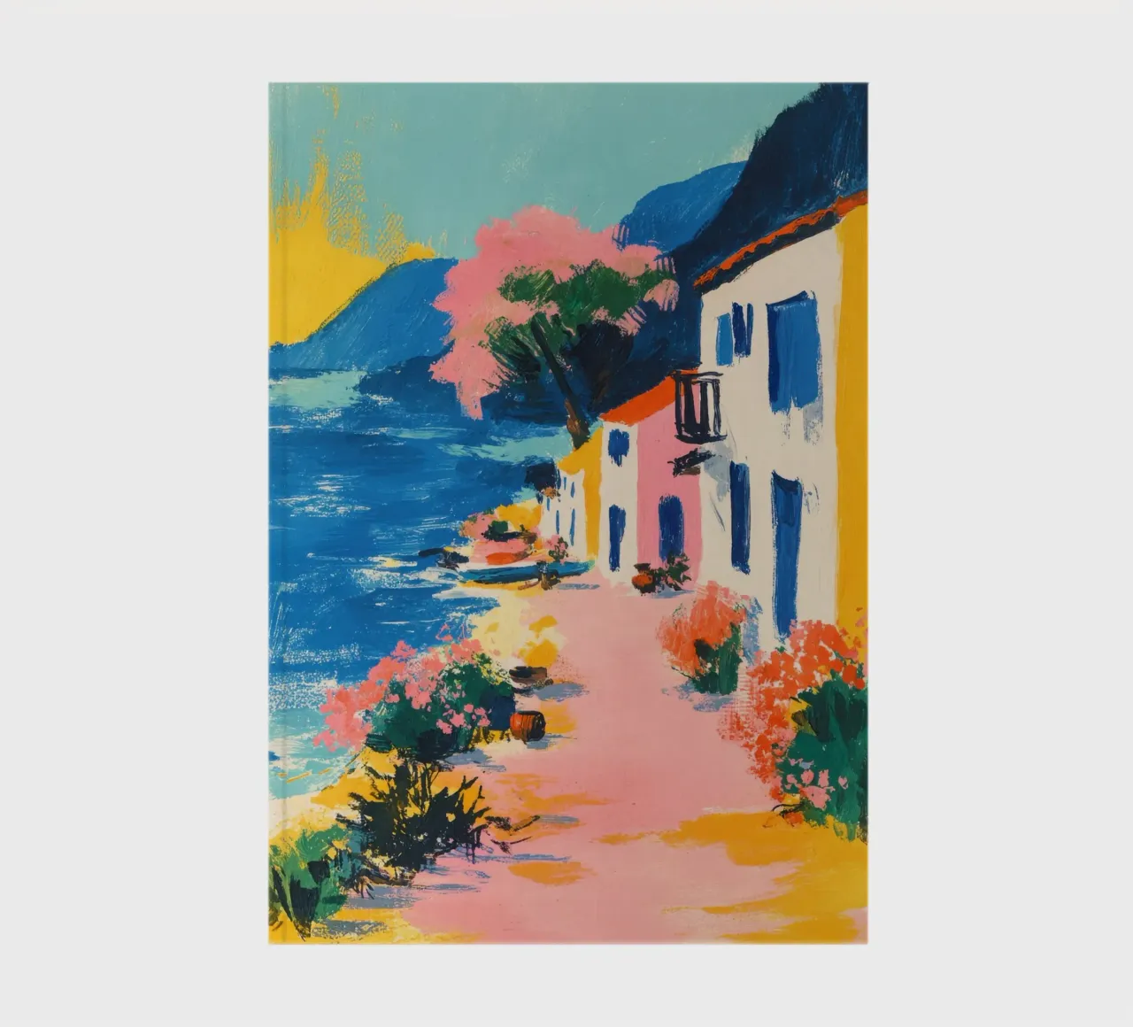 Colourful coastal village in retro style notebook by ArtByNiki