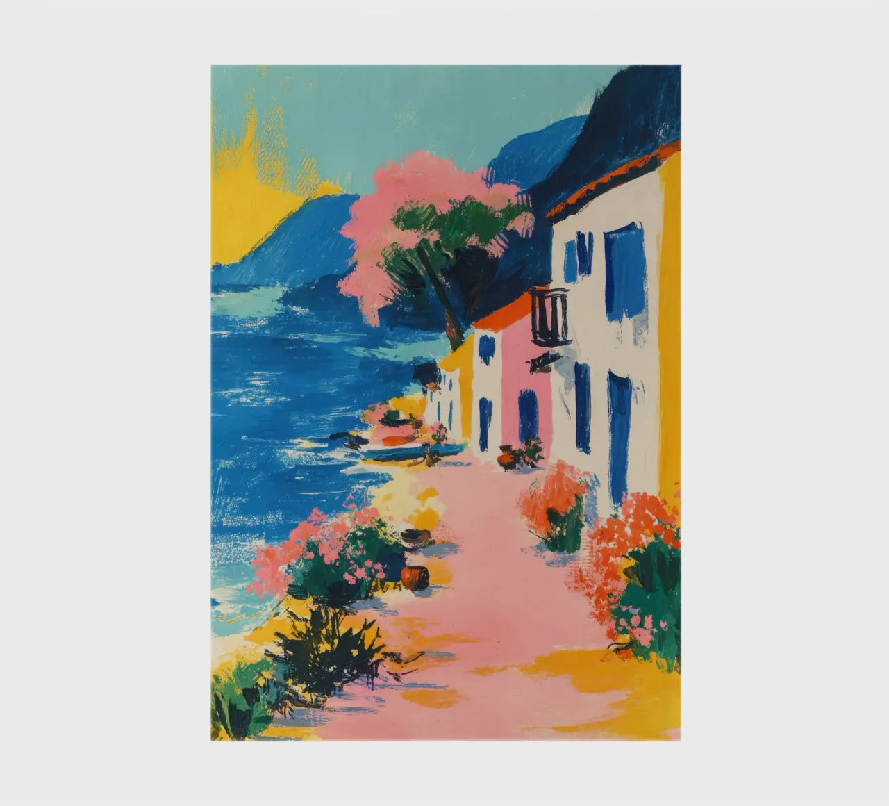 Colourful coastal village in retro style notebook by ArtByNiki