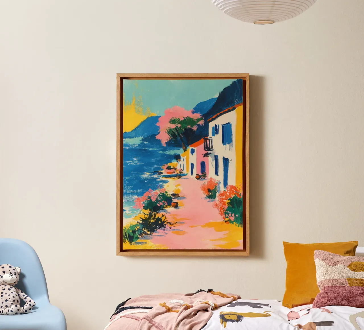 Kleurrijk kustdorp in retrostijl canvas met Baklijst van ArtByNiki