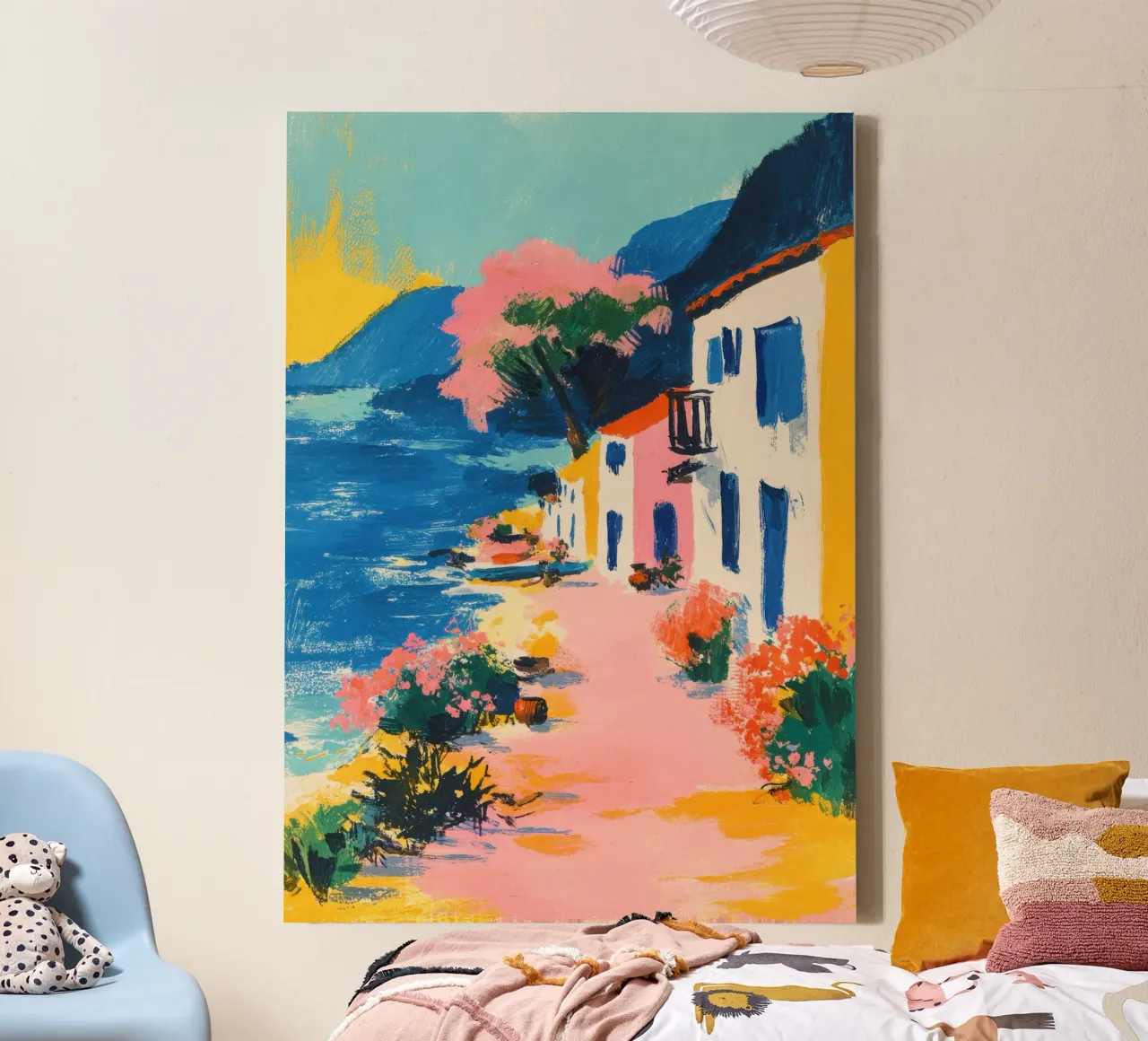 Kleurrijk kustdorp in retrostijl canvas met Baklijst van ArtByNiki
