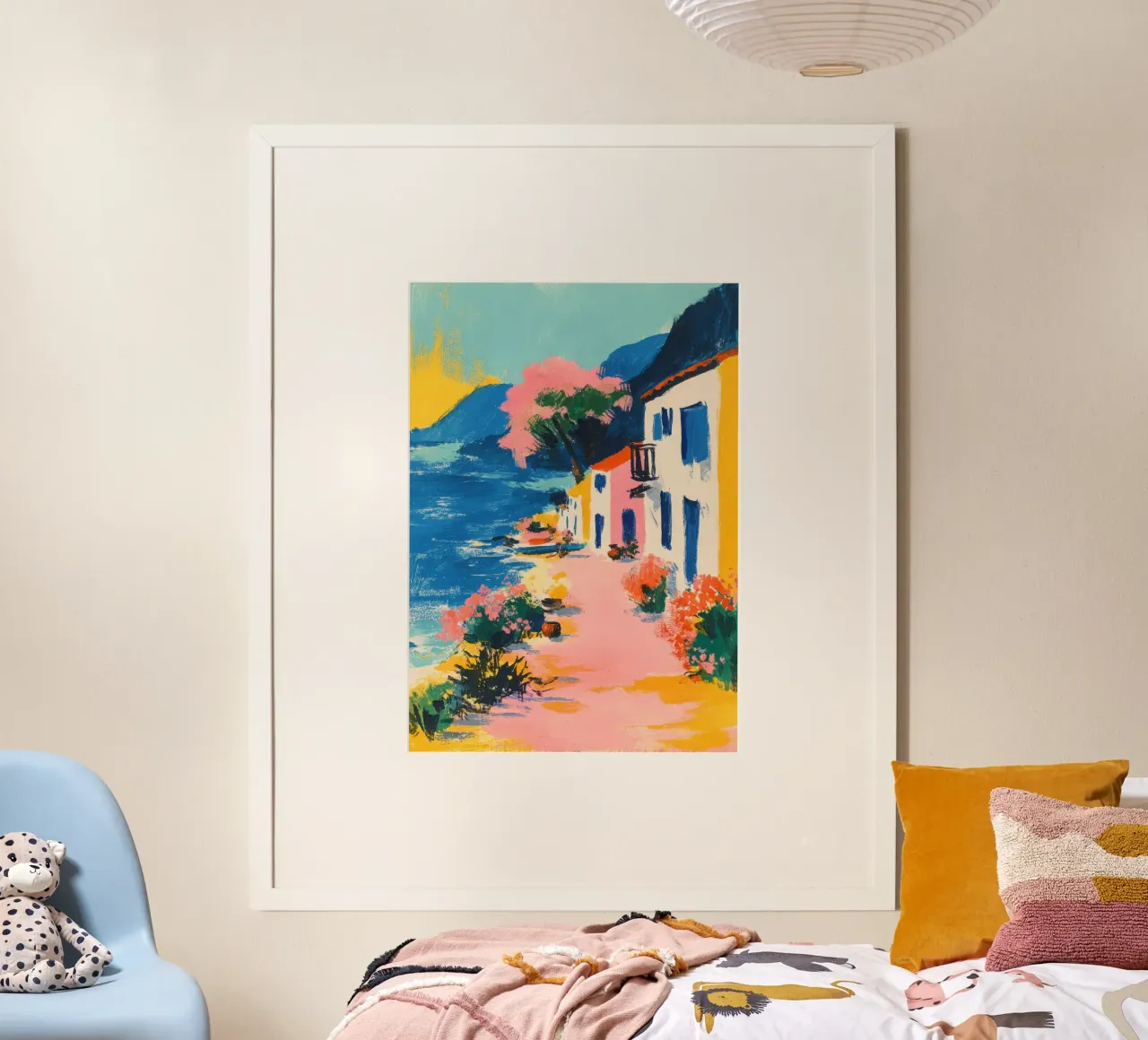 Kleurrijk kustdorp in retrostijl poster met kunststof frame van ArtByNiki