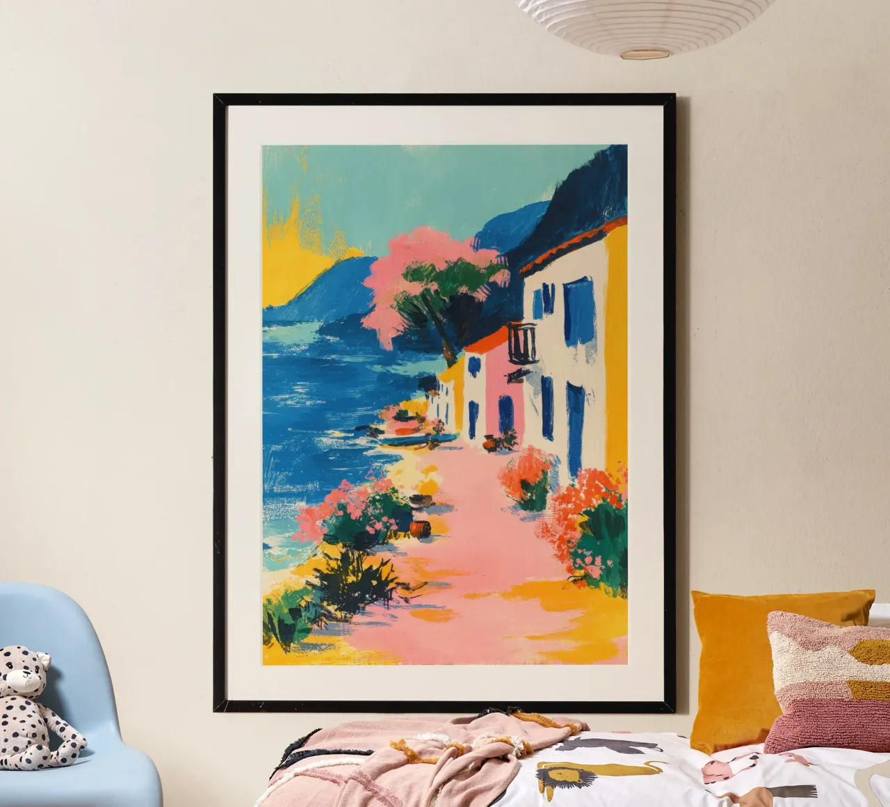 Kleurrijk kustdorp in retrostijl poster met kunststof frame van ArtByNiki