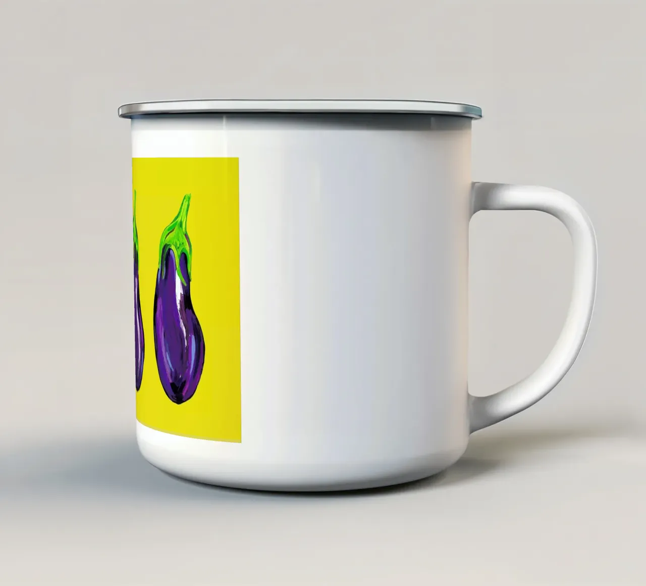 Aubergines On Yellow tazza in smalto da Alice Straker