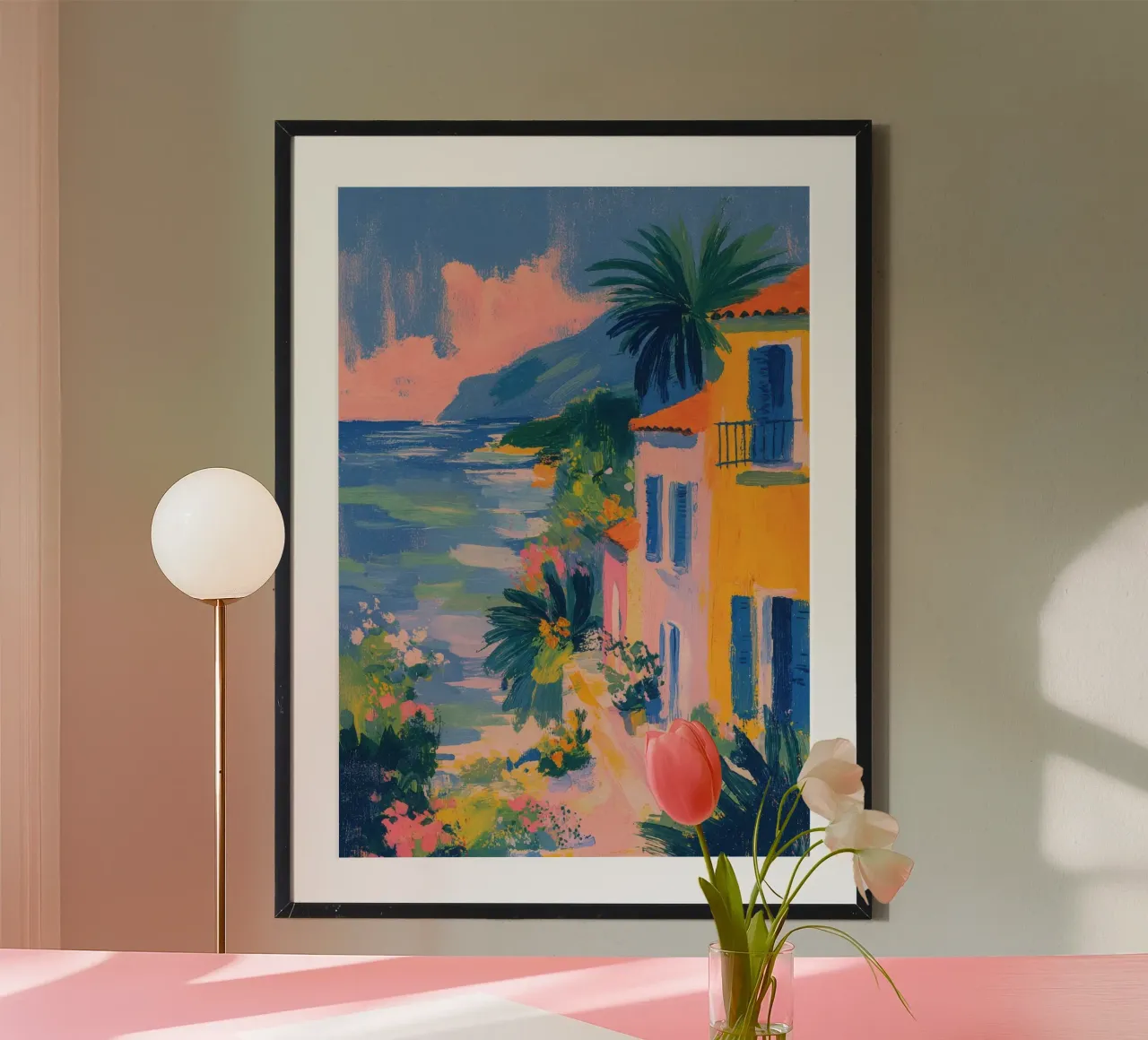 Riviera romantica in stile gouache retrò poster con telaio in alluminio da ArtByNiki
