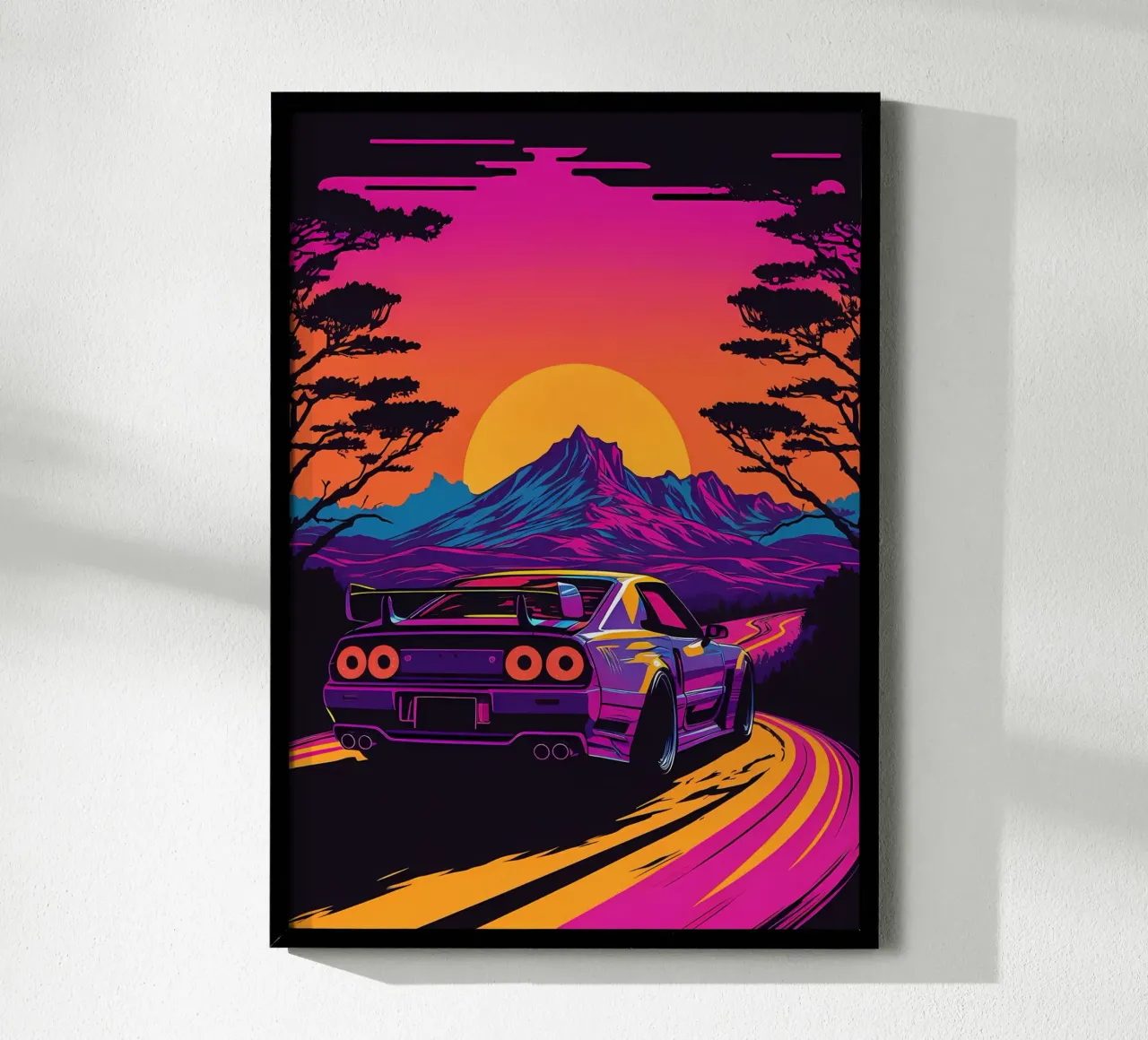 auto sunset mountain poster con telaio in plastica da MountainShop