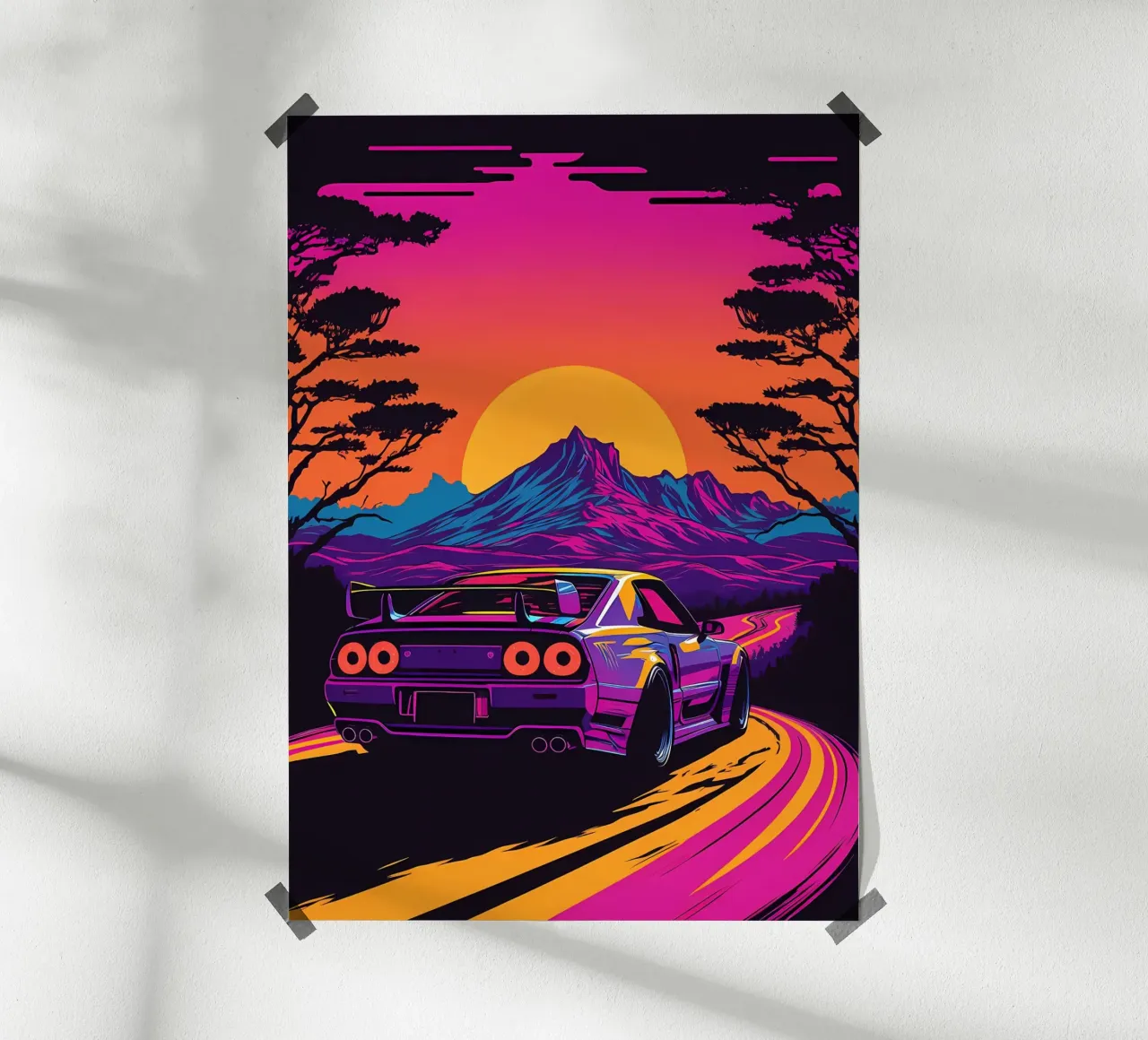 auto sunset mountain poster con telaio in plastica da MountainShop