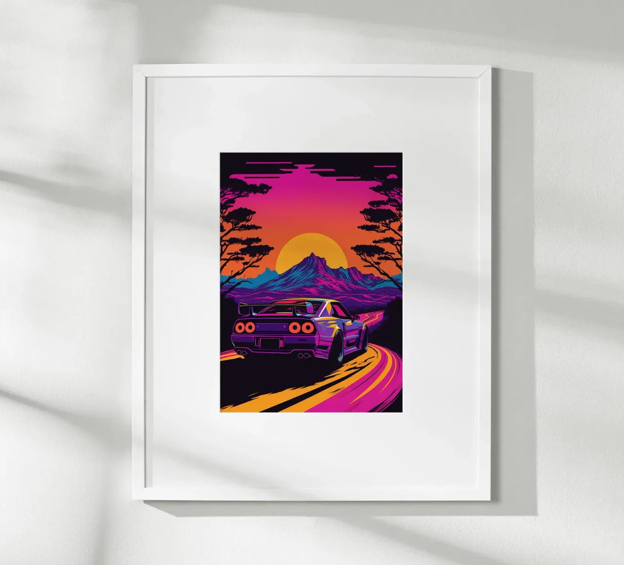 auto sunset mountain poster con telaio in plastica da MountainShop