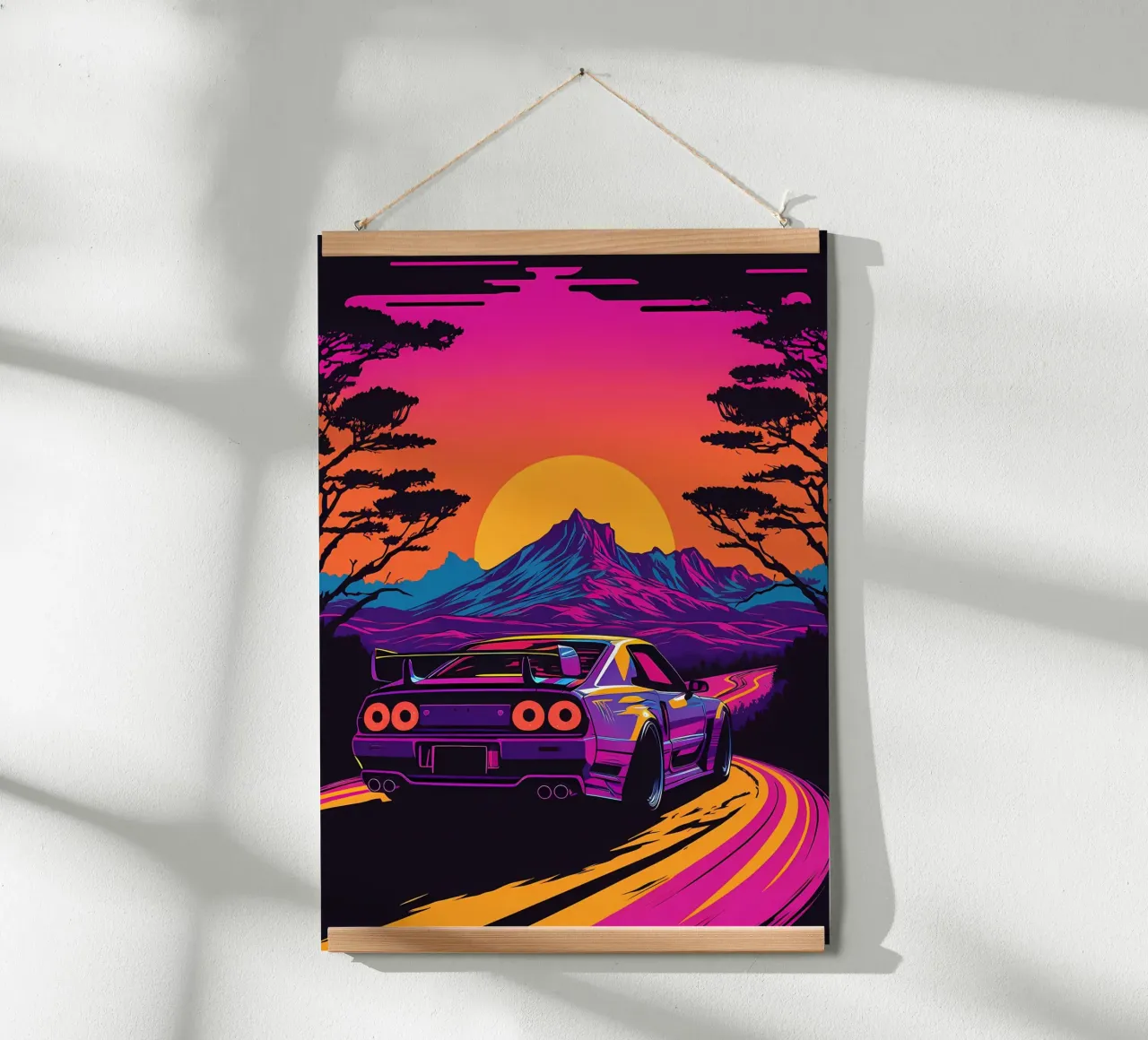 auto sunset mountain poster con telaio in plastica da MountainShop