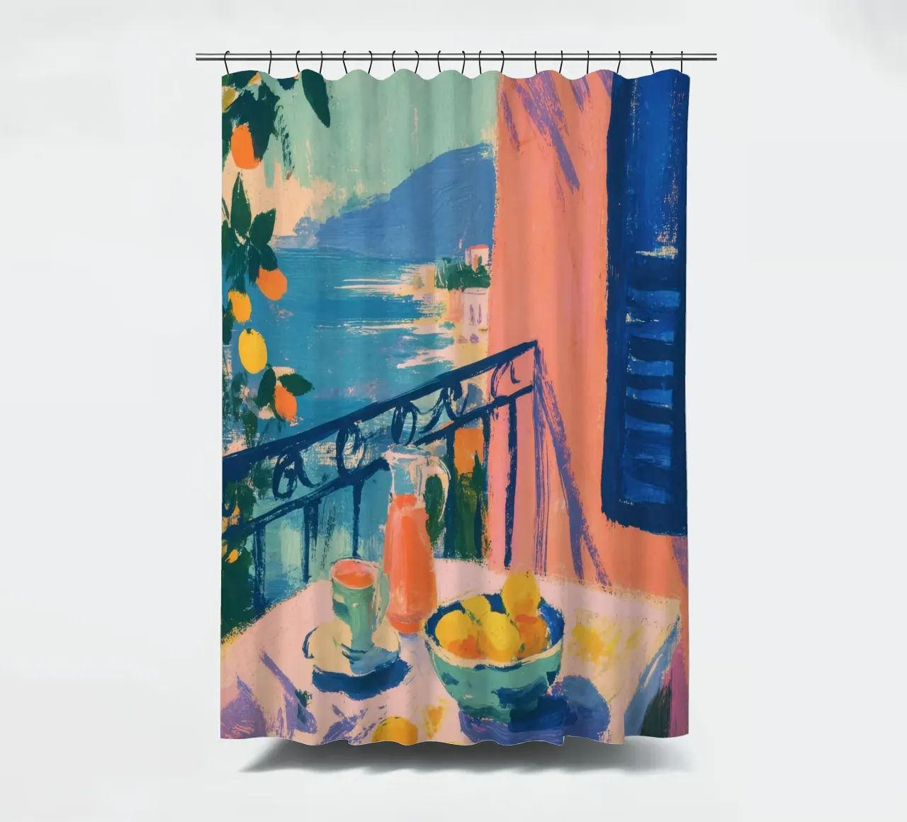 Tavolo con limoni in riva al mare in stile Matisse tenda da doccia da ArtByNiki