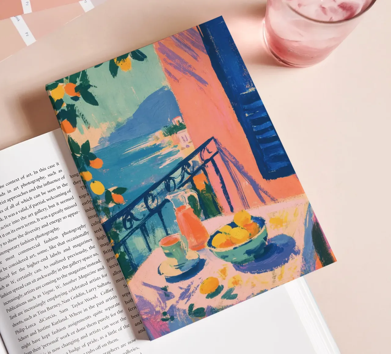 Table with lemons by the sea in Matisse style notebook by ArtByNiki