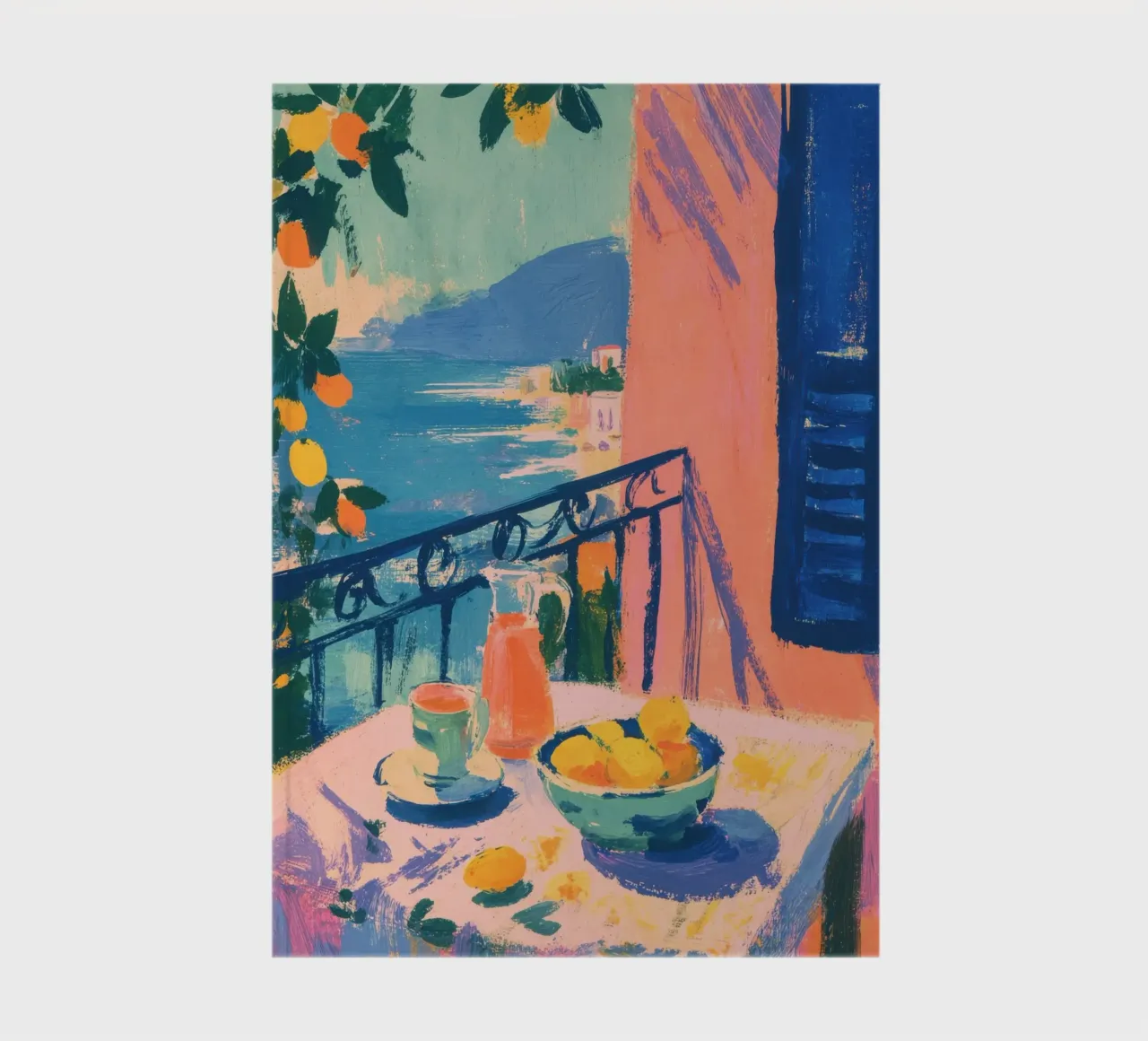 Table with lemons by the sea in Matisse style notebook by ArtByNiki