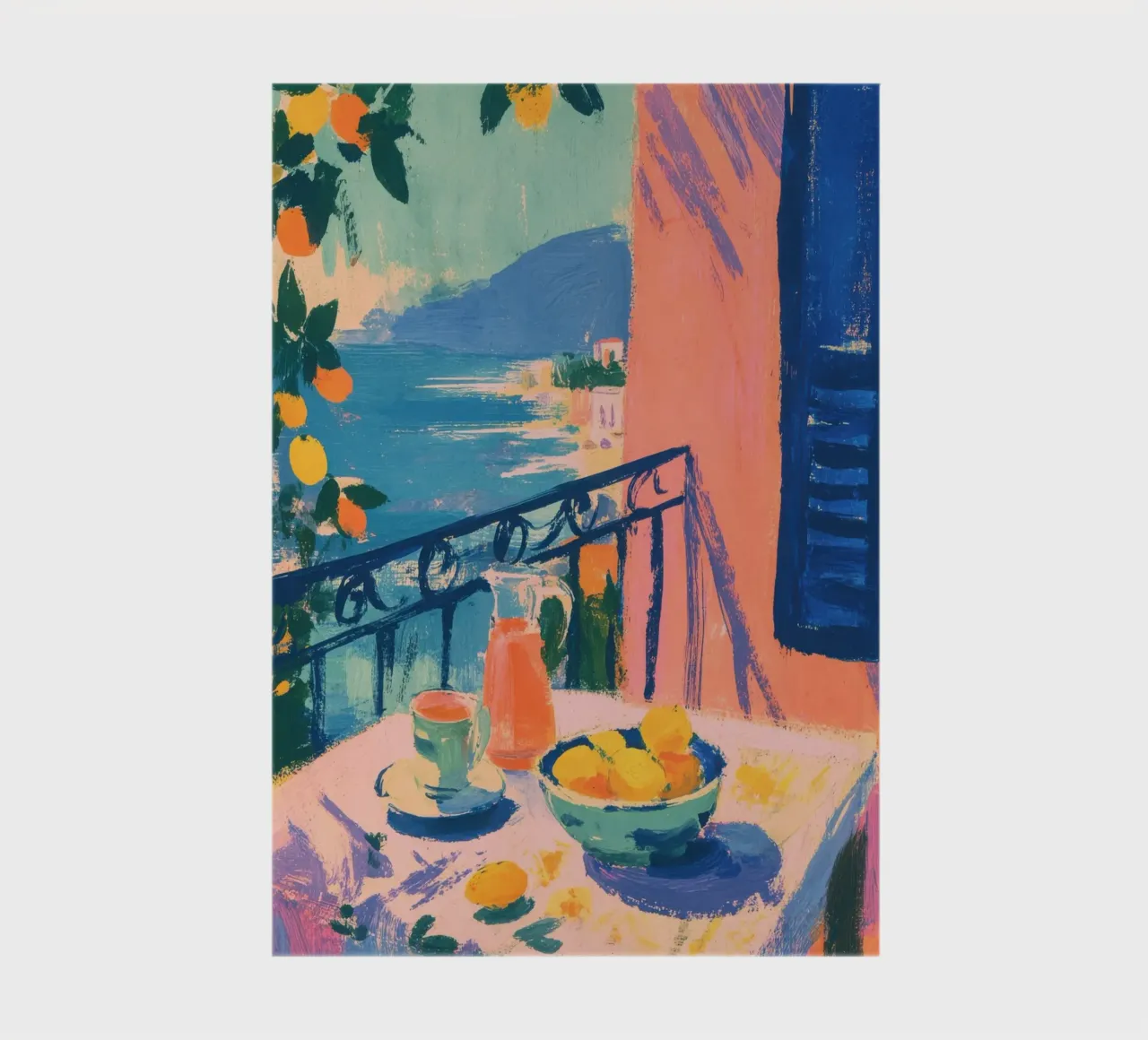 Table with lemons by the sea in Matisse style notebook by ArtByNiki