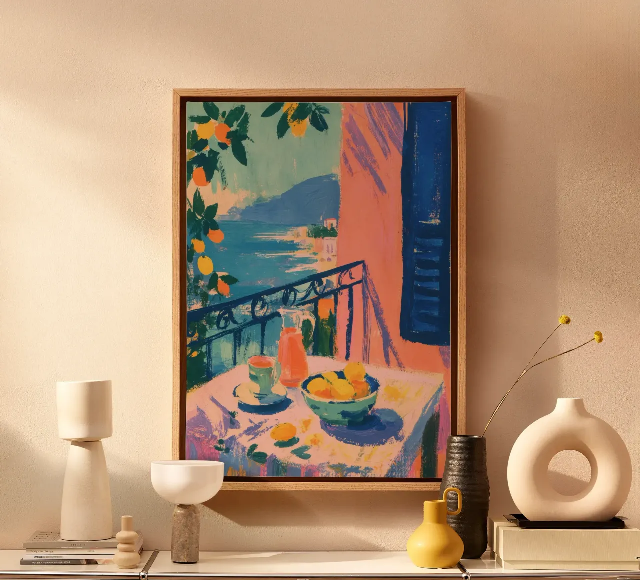 Tisch mit Zitronen am Meer im Matisse-Stil Leinwand mit Schattenfugenrahmen von ArtByNiki