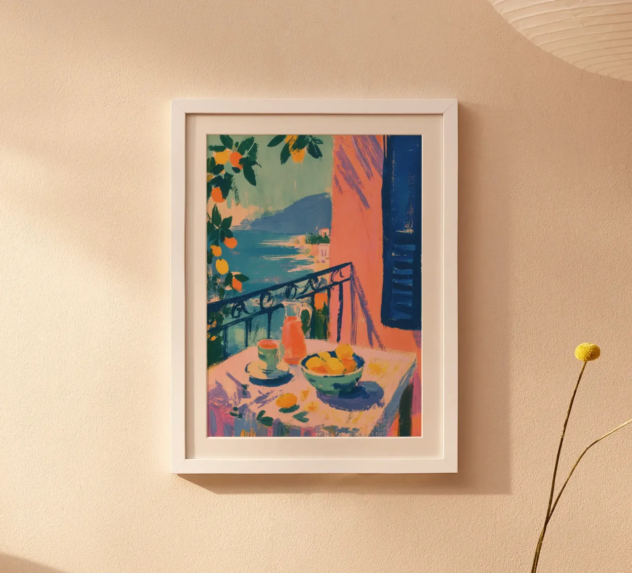 Table avec des citrons au bord de la mer dans le style Matisse poster avec cadre en aluminium de ArtByNiki