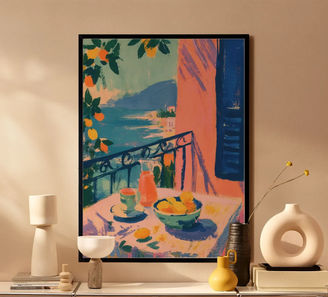 Table avec des citrons au bord de la mer dans le style Matisse poster avec cadre en aluminium de ArtByNiki