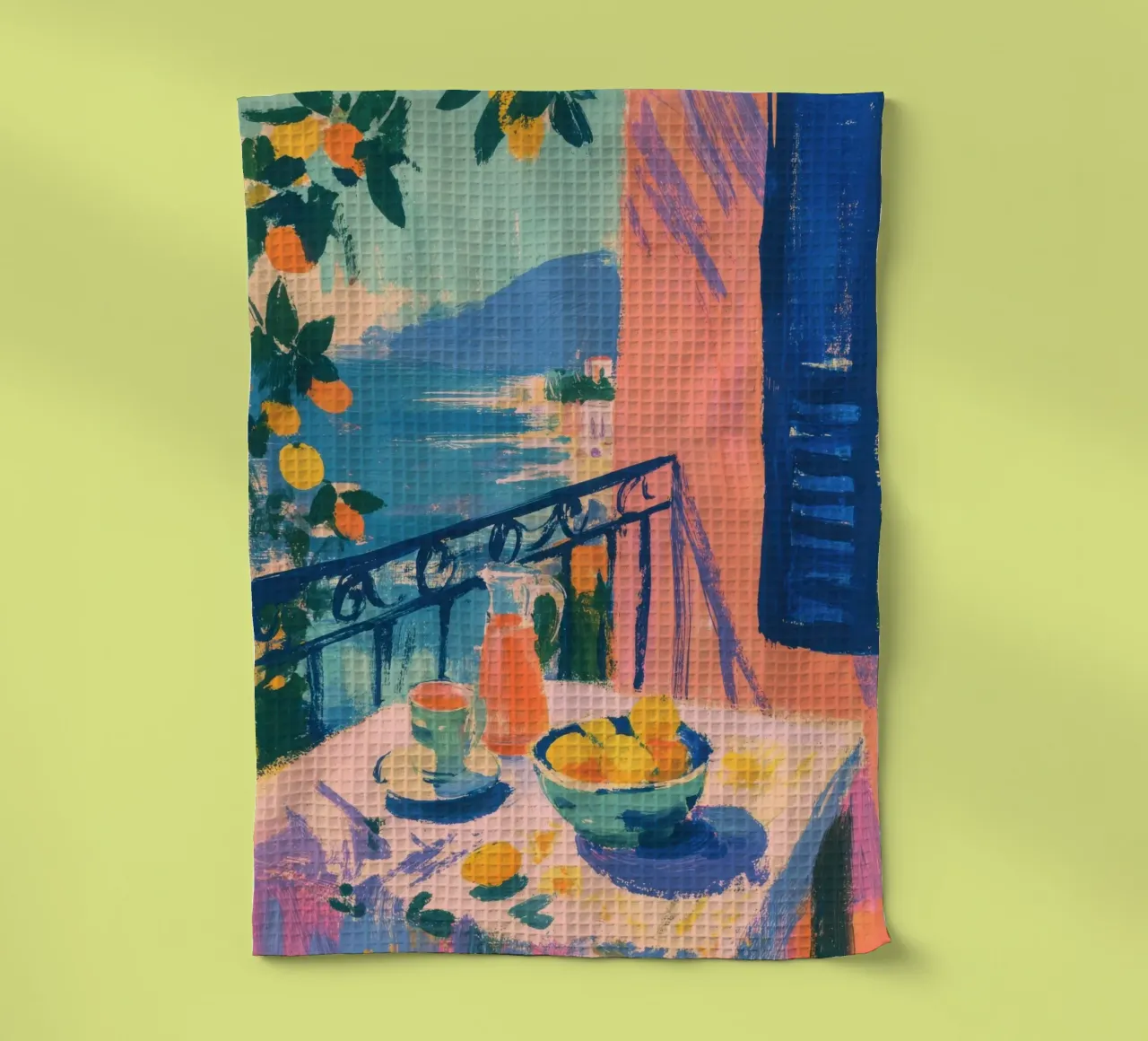 Table avec des citrons au bord de la mer dans le style Matisse torchon de ArtByNiki