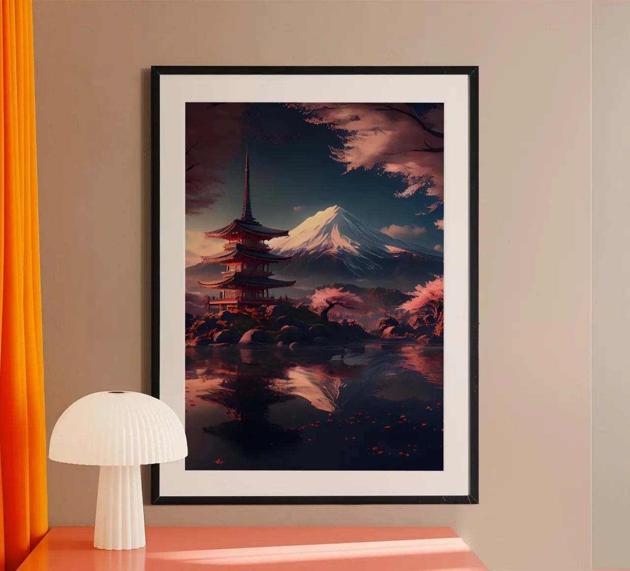 ciliegi in fiore della montagna della pagoda poster con telaio in plastica da MountainShop