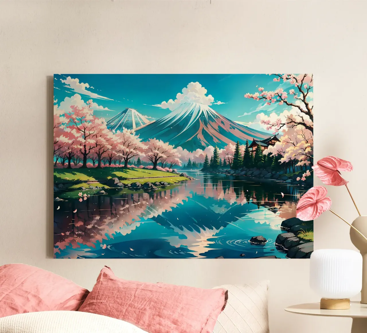 montagna ciliegio in fiore fiume tela con Cornice a cassetta da MountainShop