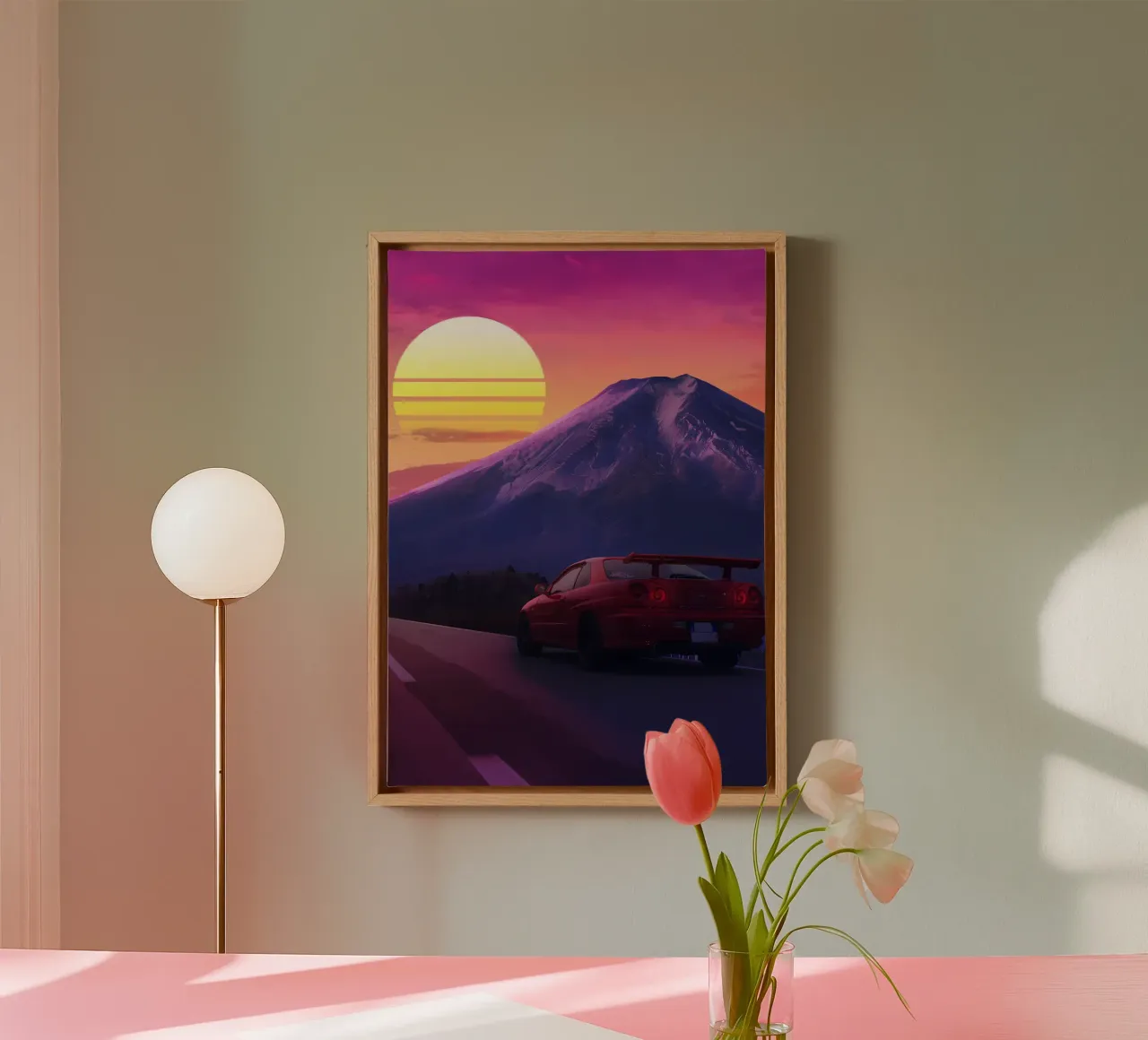 auto berg zonsondergang canvas met Baklijst van MountainShop